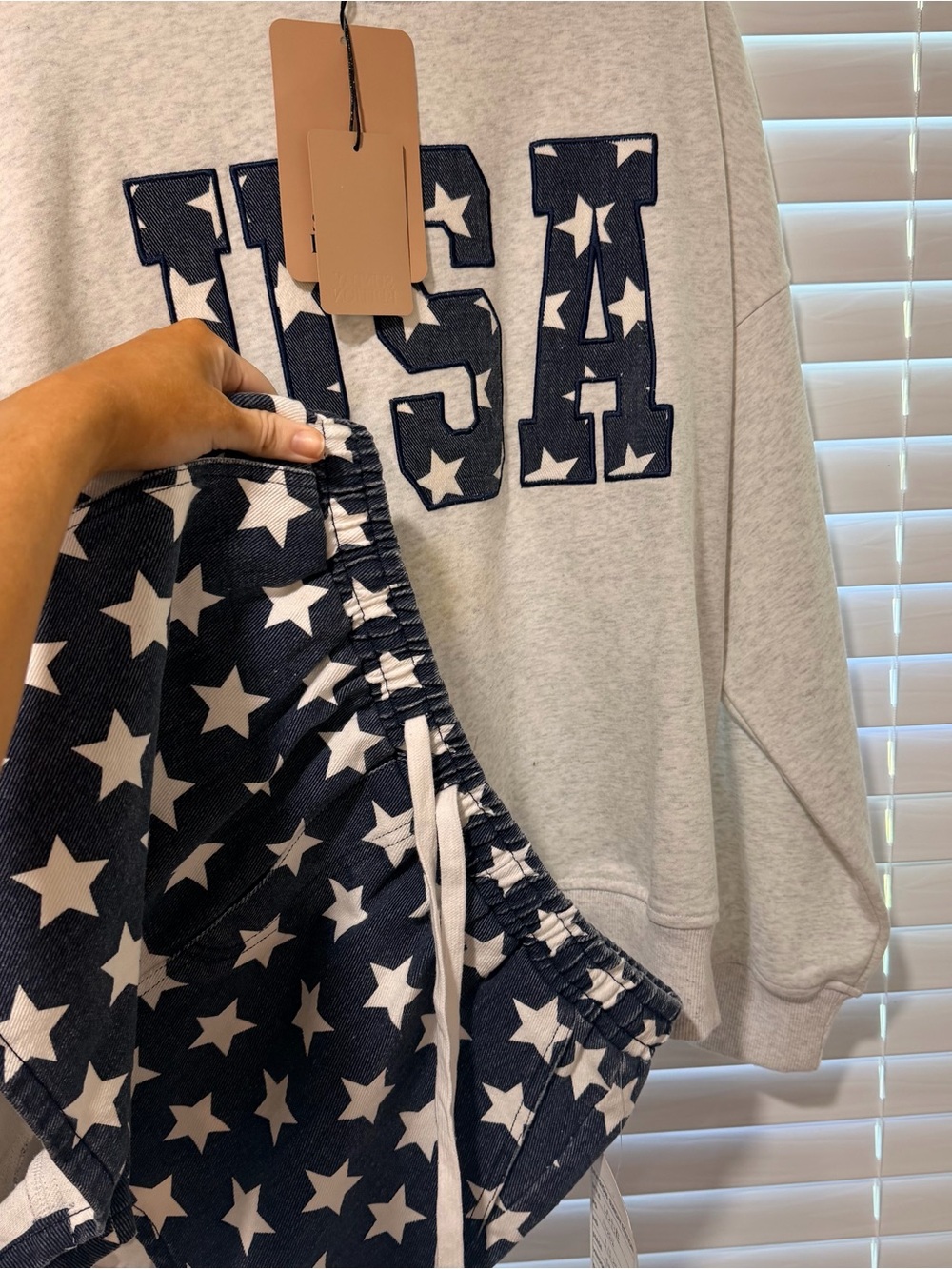 Sunday Riley Cream Crewneck Sweatshirt with Navy Star Shorts !!!!